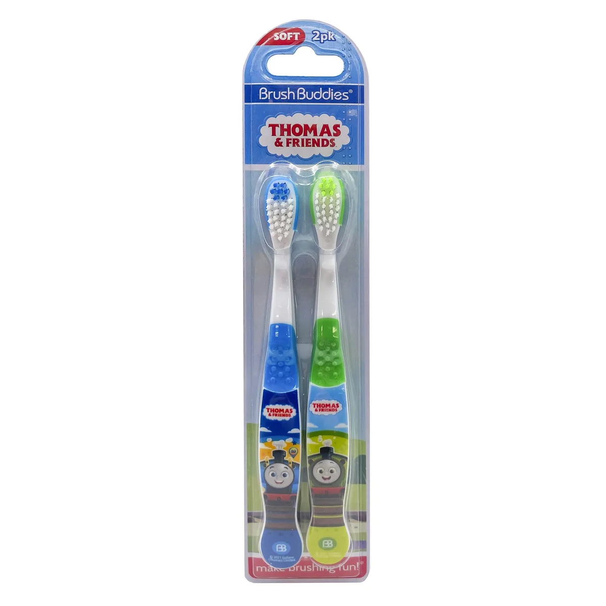 Two manual toothbrushes green blue Thomas Friends characters soft bristles