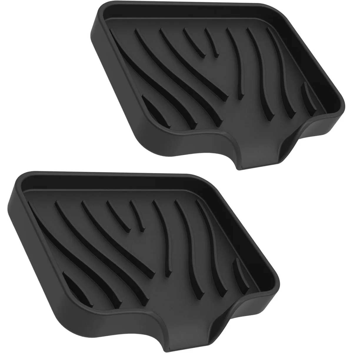Two black silicone soap dishes with drainage slots and textured non-slip bases