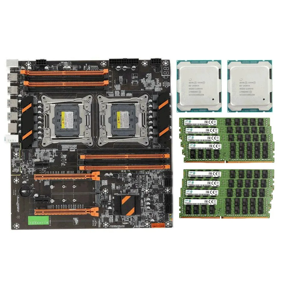 X-PLUS X-PLUS X99 server motherboard, dual Xeon E5-2680 V4 14-core, 256 GB DDR4 ECC RAM — product photo