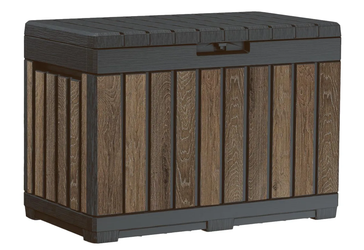 Walnut resin deck box with wood-grain finish, lockable lid, 50 gallon capacity