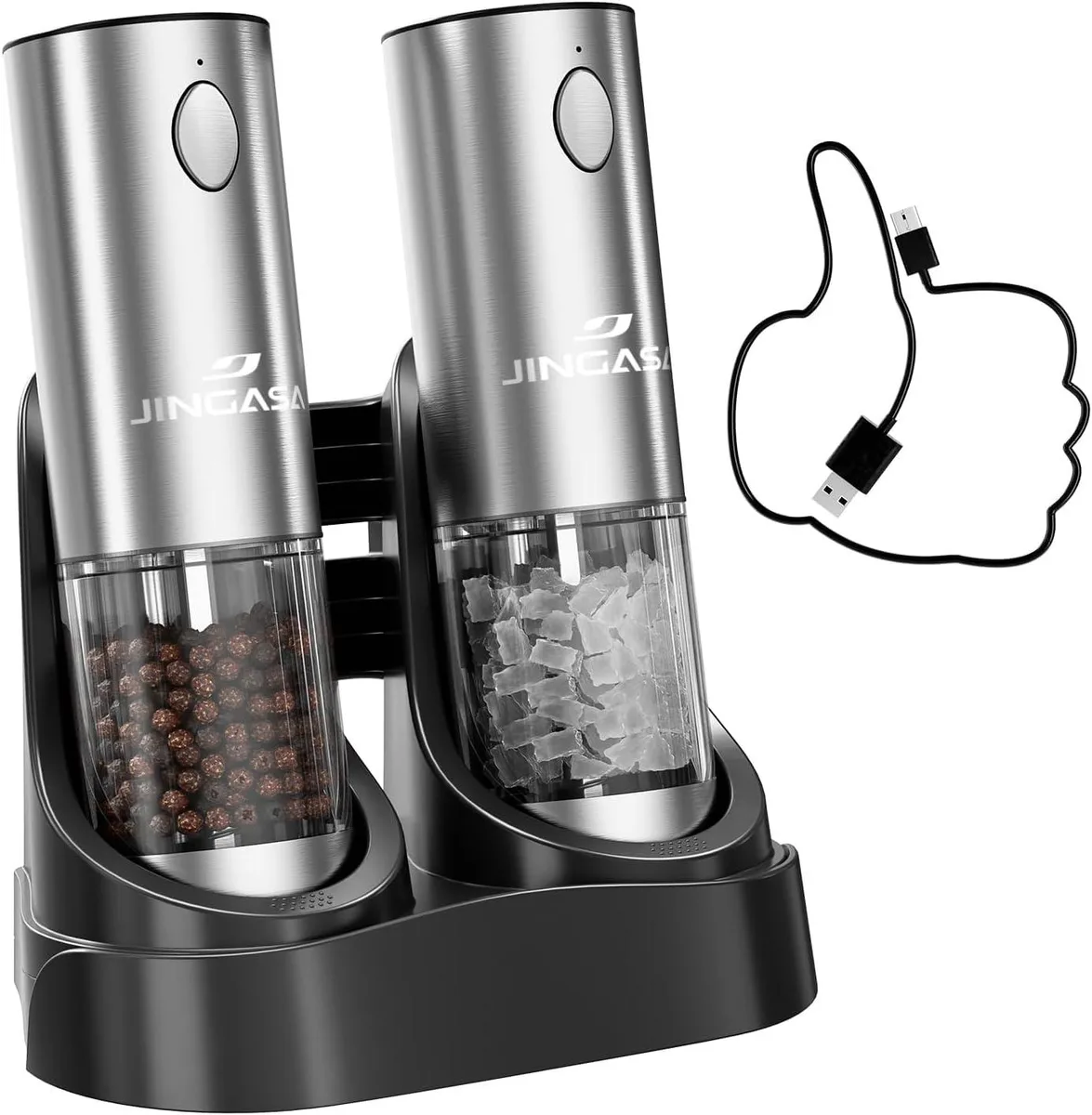 Two stainless steel electric grinders with transparent containers on a charging base