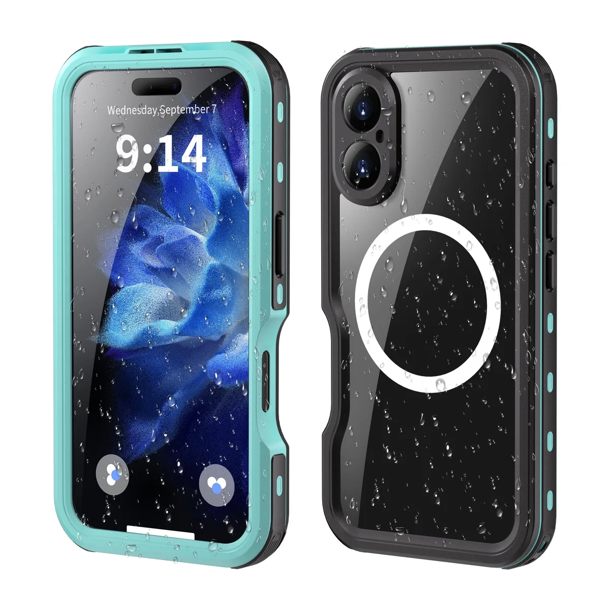 Translucent blue waterproof case for iPhone 16 with built-in screen protector and MagSafe ring