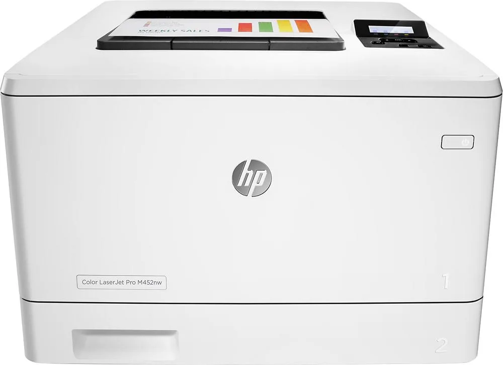 White rectangular HP Color LaserJet Pro M452DW printer with front paper tray and control panel