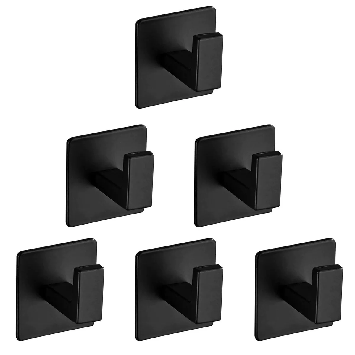 Six black square aluminium hooks with round ends on a white background