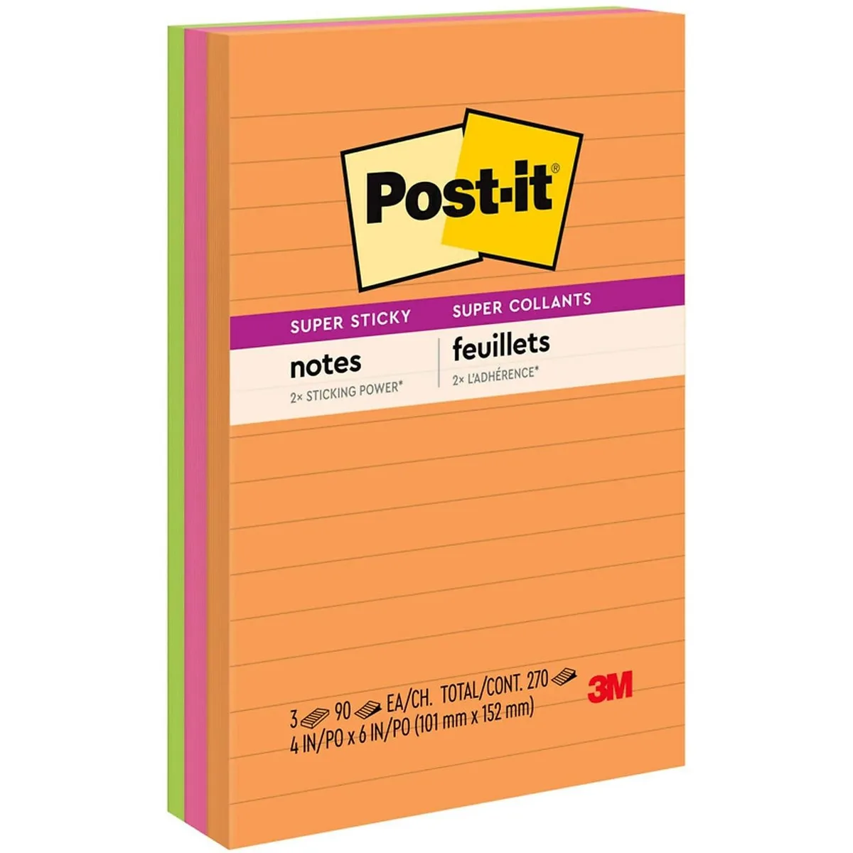 Post-it Notes Super Sticky Post-it Notes Super Sticky Rio de Janeiro Colors Lined 4x6 90-Sheet 3/Pack 6603SSUC — product photo