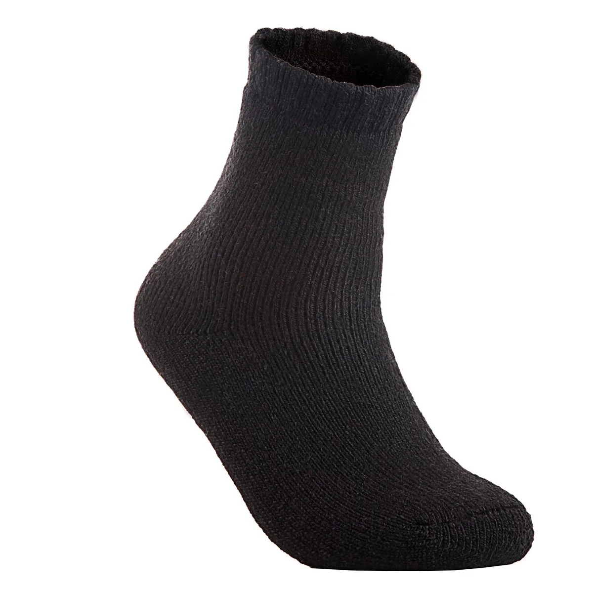 Six pairs of black wool crew socks stacked together