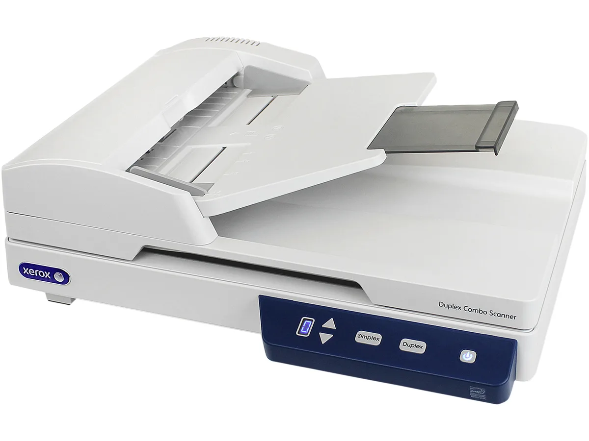 Xerox XD-Combo duplex scanner, flatbed with automatic document feeder, matte white and grey plastic, compact desktop form factor