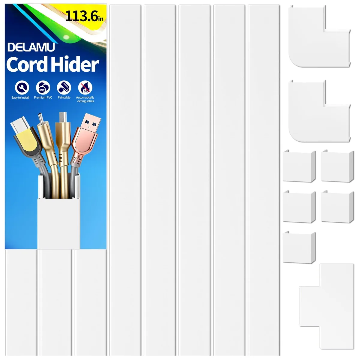  Delamu Cord Hider 113.6in White Self-Adhesive Cable Cover — product photo