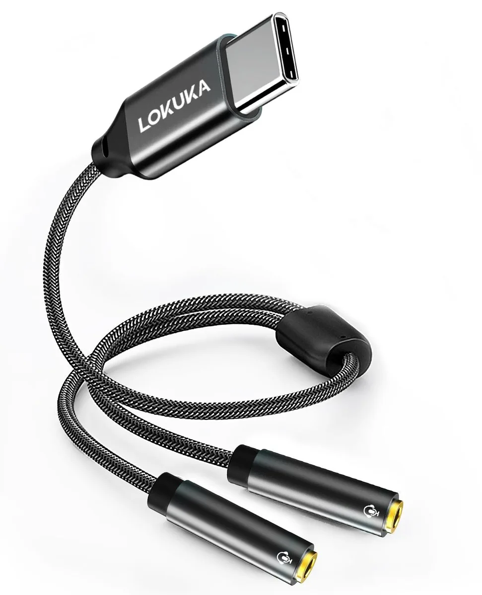 Grey USB-C splitter with two 3.5mm TRRS ports and braided cable