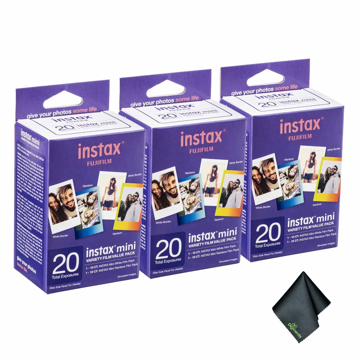 FUJIFILM FUJIFILM INSTAX MINI Instant Film Variety Value Pack 3x (20 Exposures) with Microfiber Cleaning Cloth — product photo