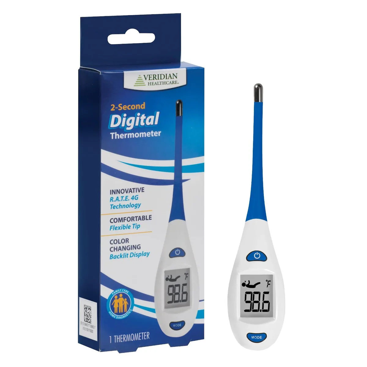 Blue stick thermometer with flexible tip and backlit display