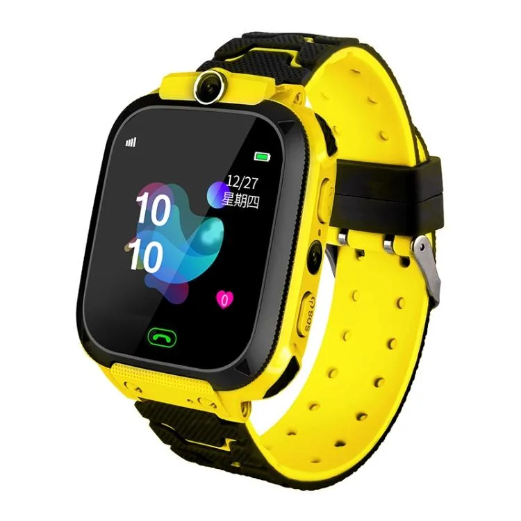 Yellow children's smartwatch with 1.44 inch square color screen and matching strap