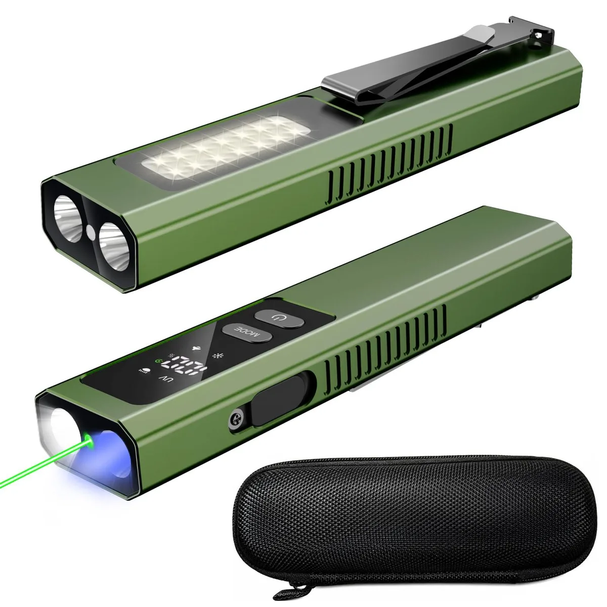 Flat green aluminium flashlight with magnetic base and USB-C port