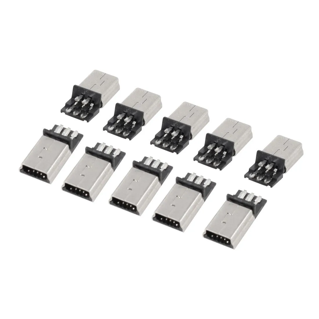 Ten small silver and black Mini USB B male connectors in a pack