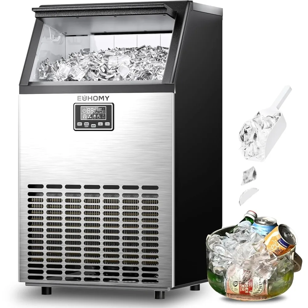 Rectangular under-counter ice maker in black stainless steel, front panel with control buttons