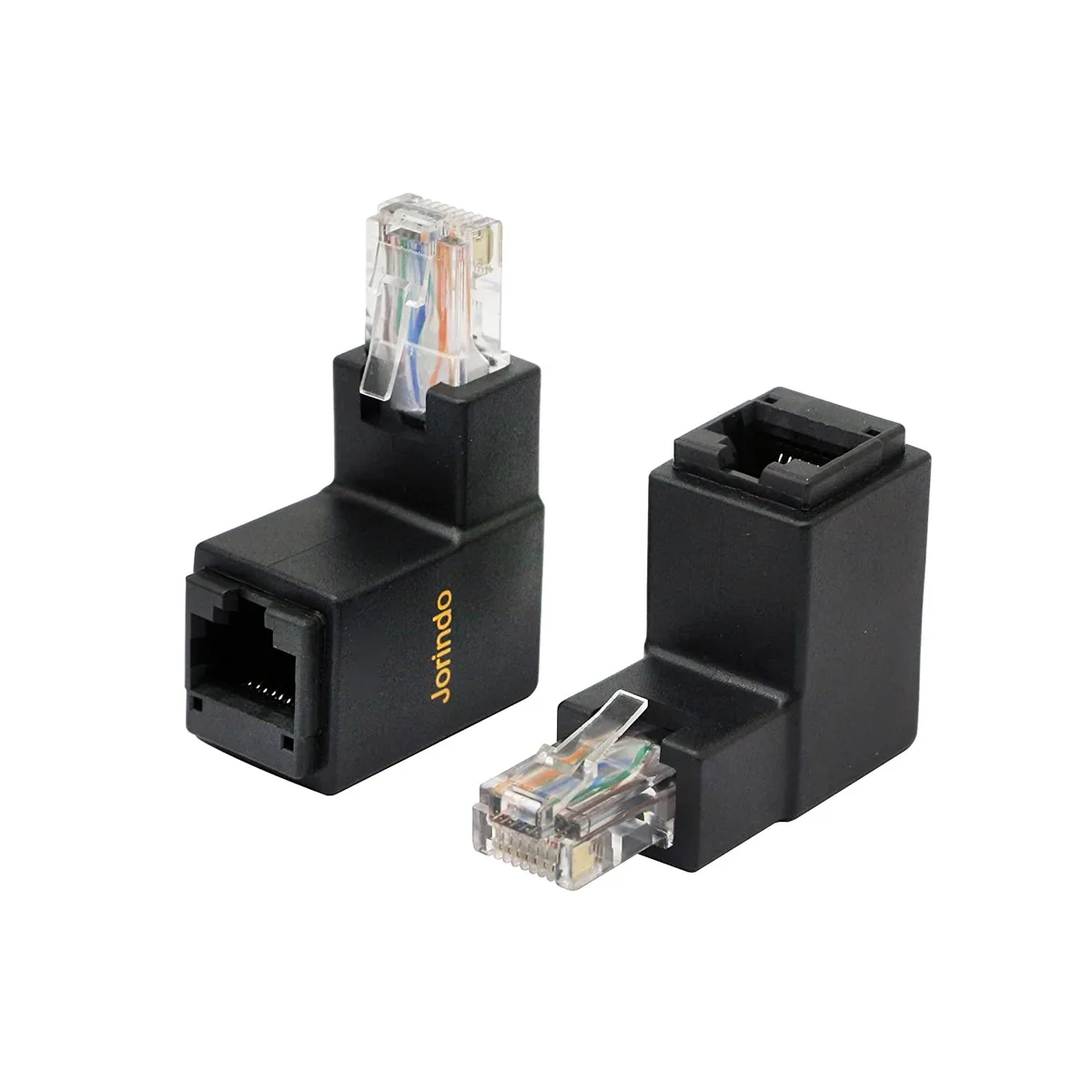 Two black 90-degree up-angle RJ45 male-to-female Ethernet adapters