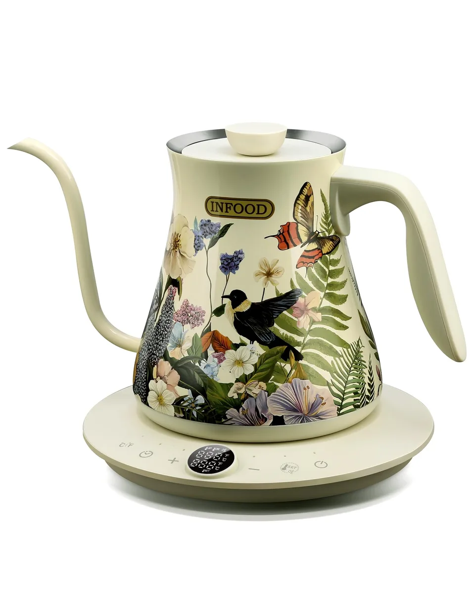  INFOOD Gooseneck Electric Kettle Floral Design 0.8L 1200W Stainless Steel — product photo