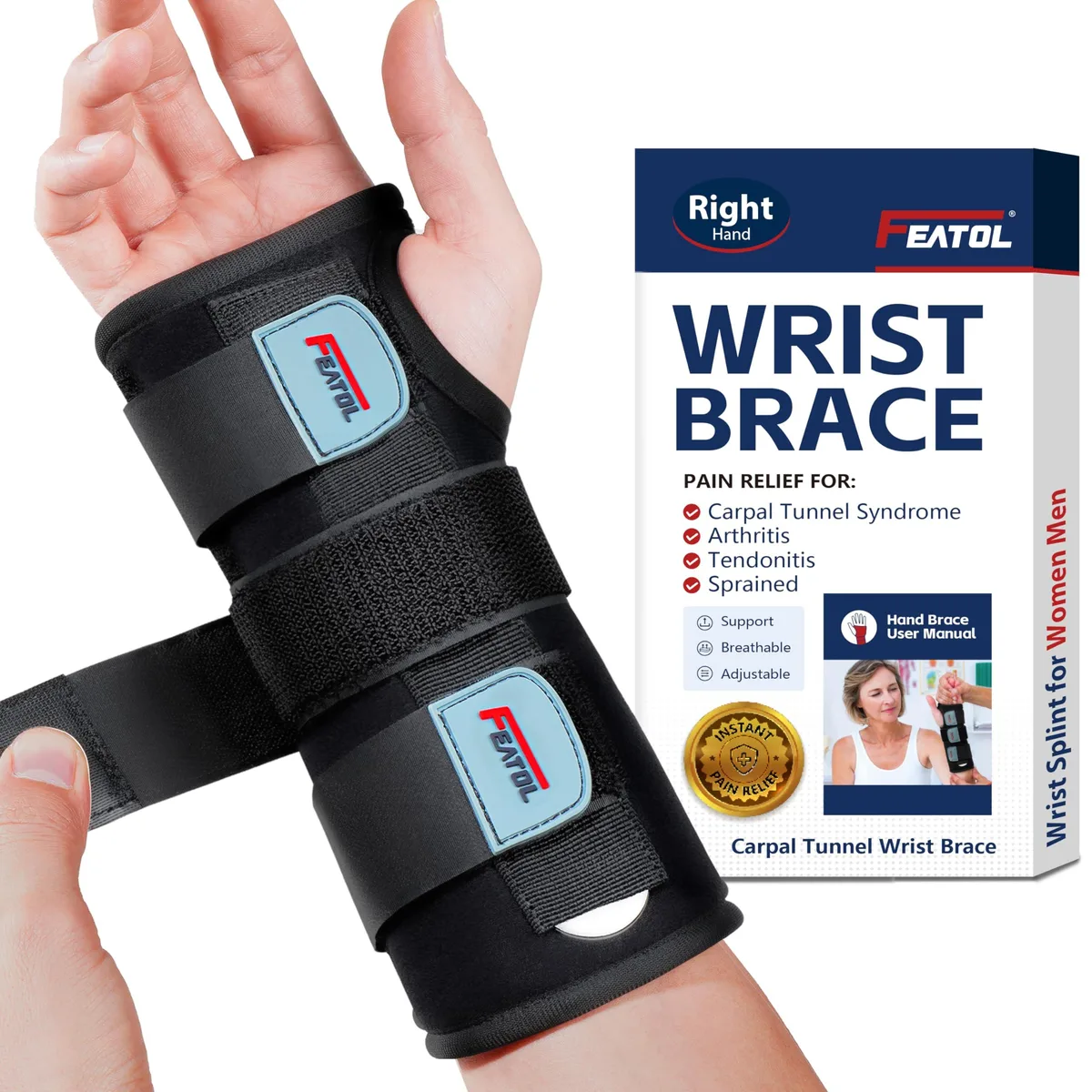 Black right-hand wrist brace with metal splint and three adjustable straps