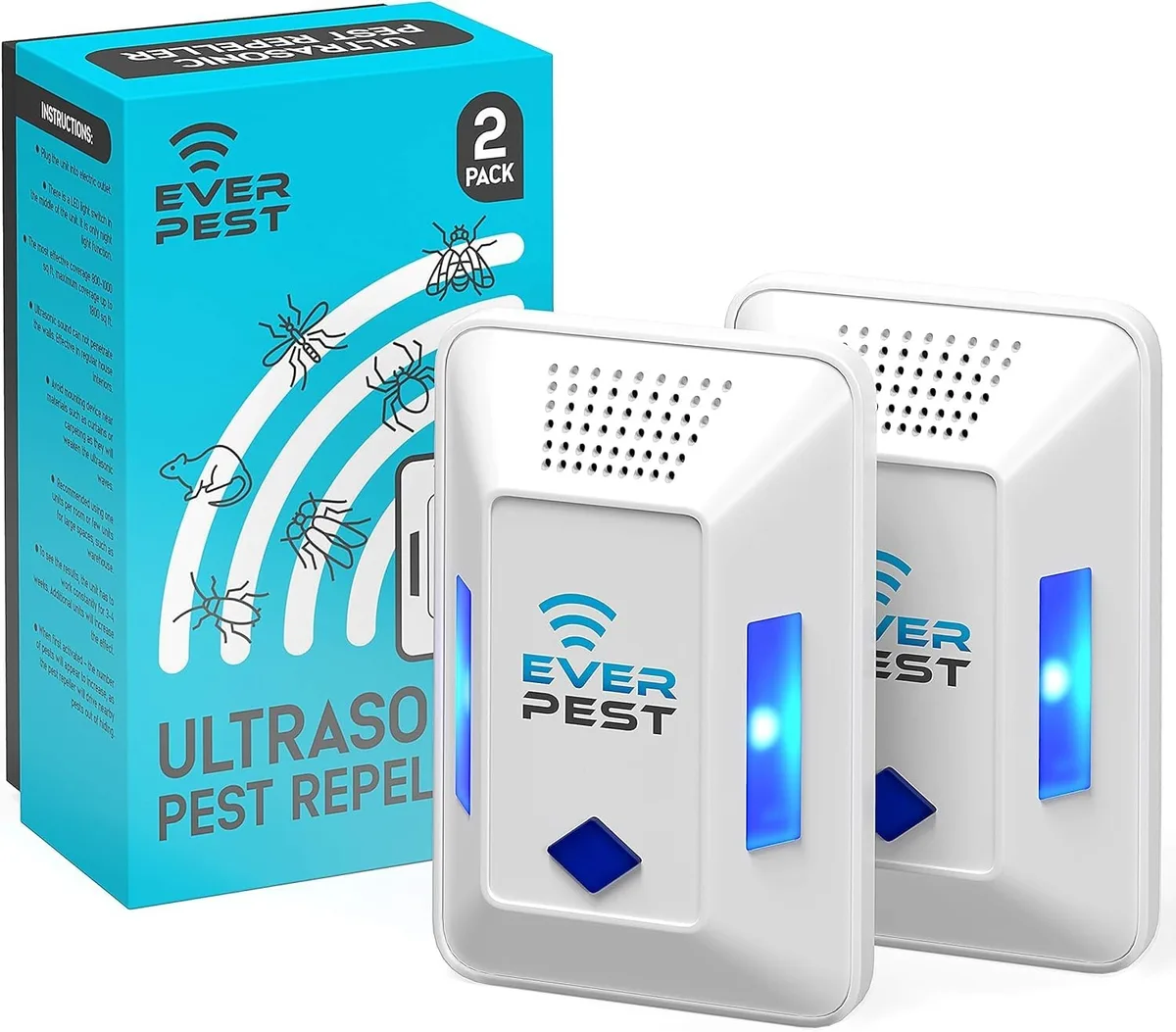 Two white plug-in pest repellers with front grilles