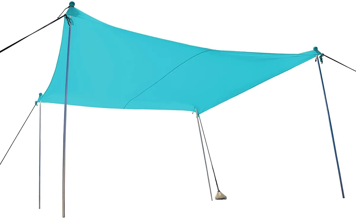 Aqua pop-up canopy shelter with four poles and sandbag anchors spread on ground