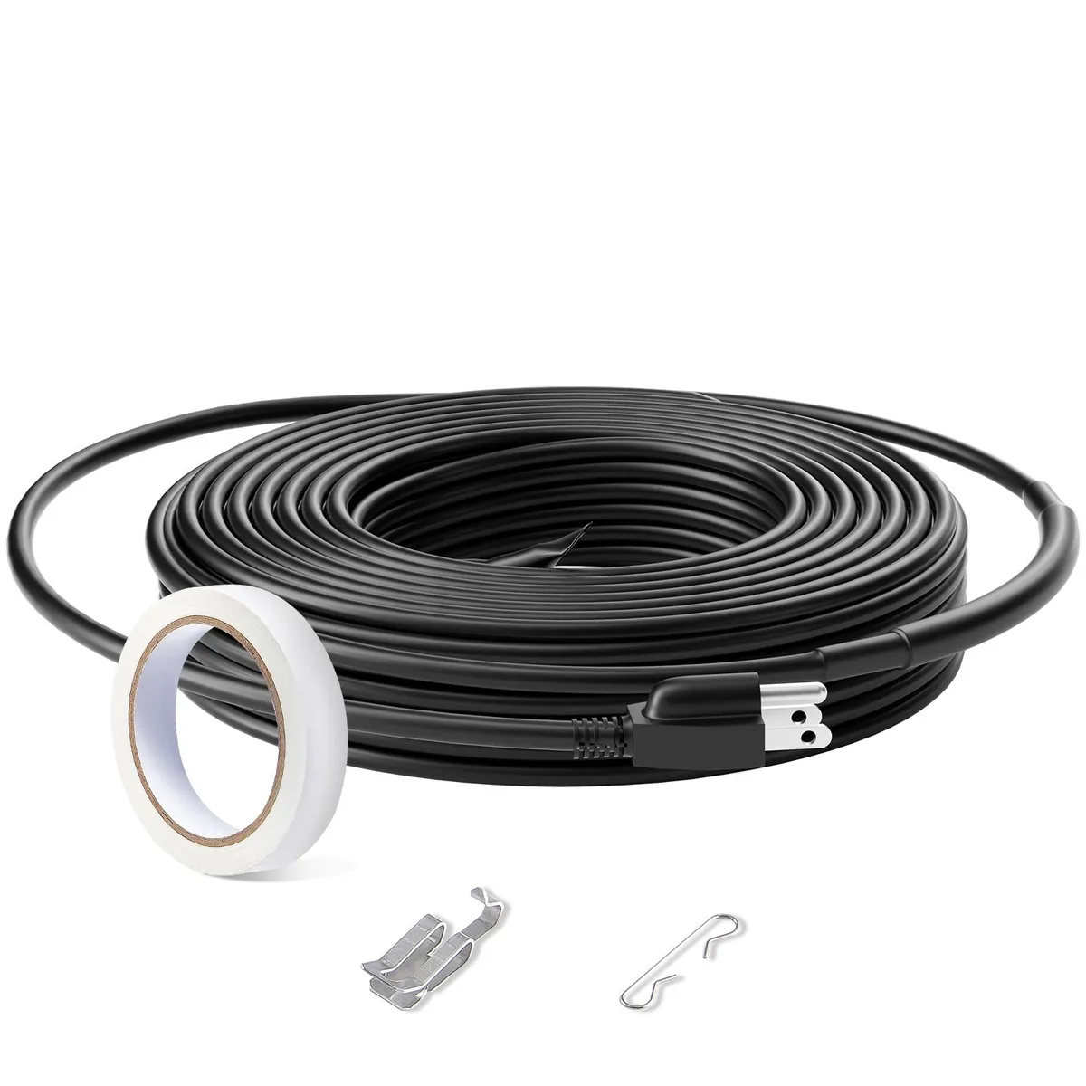 Flat black heating cable coiled, 30 ft length with 6 ft power cord and fiberglass tape