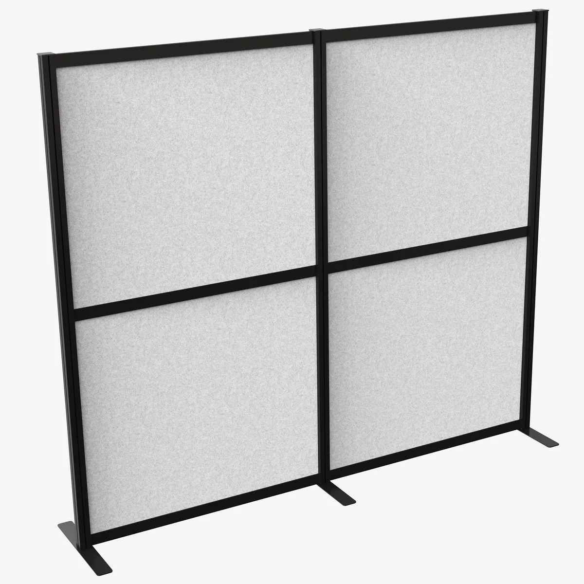 Two light grey PET panels in black aluminium frames with steel feet, freestanding modular divider system