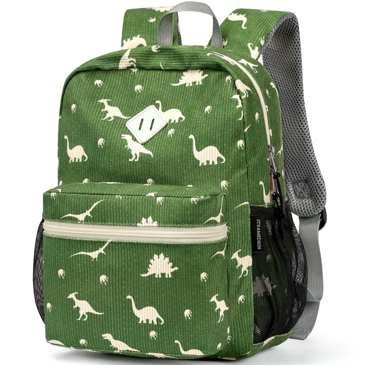 Beige corduroy kids backpack with dinosaur print, 15 inch laptop compartment, adjustable straps