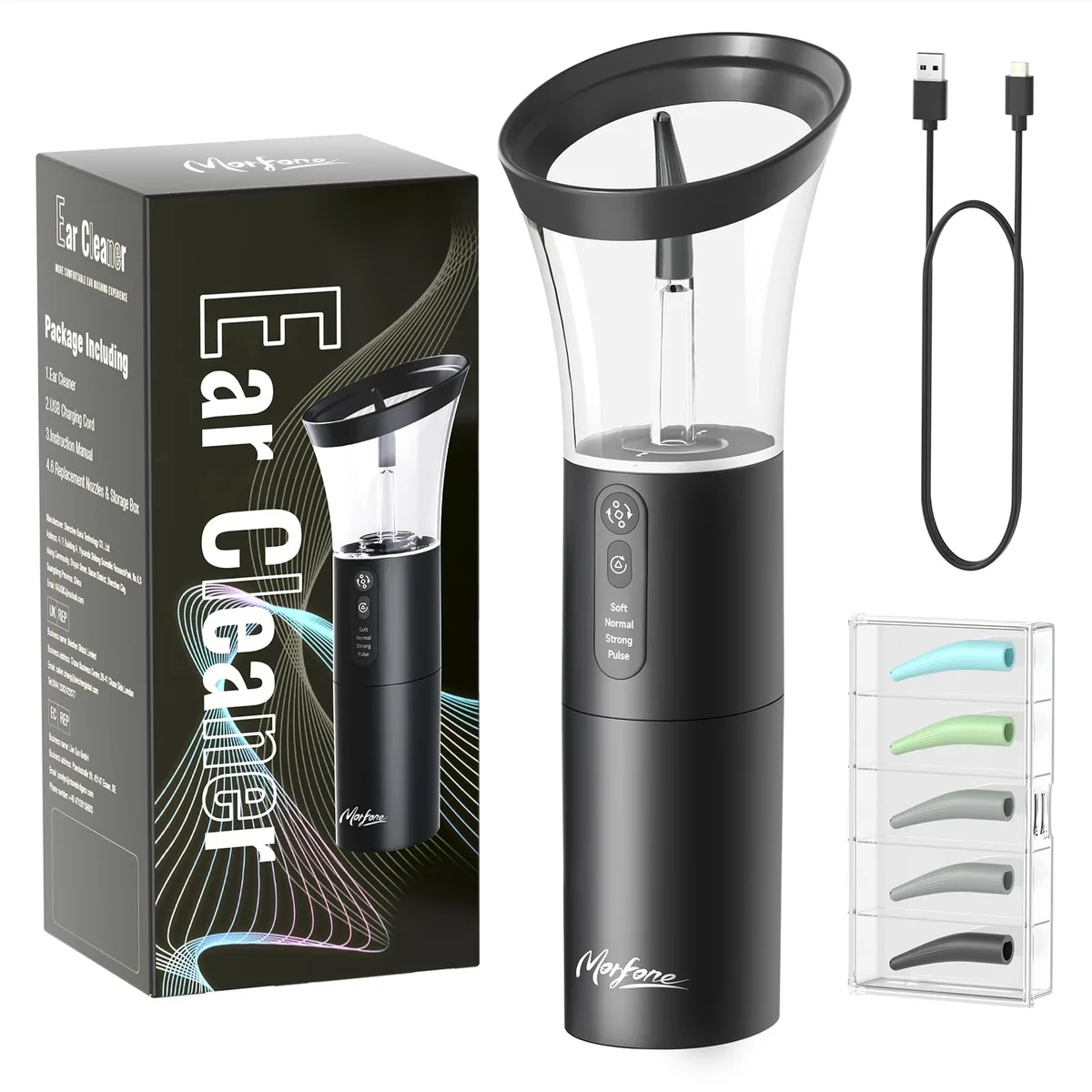 Black electric ear cleaning kit with one-piece water tank and 270° nozzle