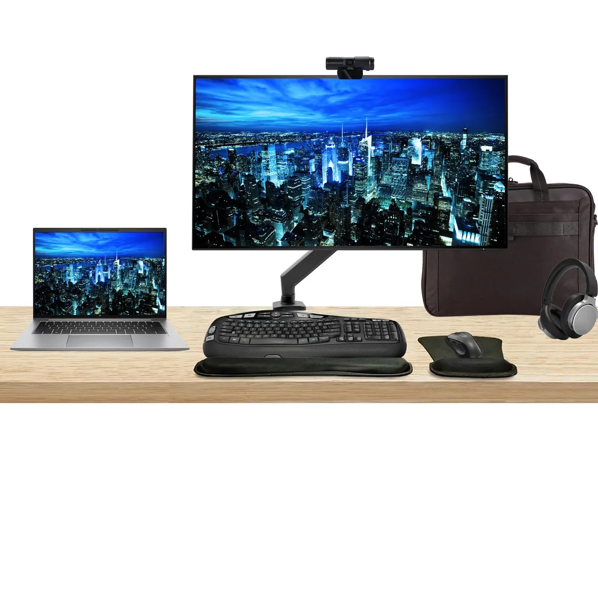 HP HP ZBook Firefly G10 14" Ryzen 7 Pro 32GB 1TB bundle with 32" 4K monitor, mount, peripherals and bag — product photo