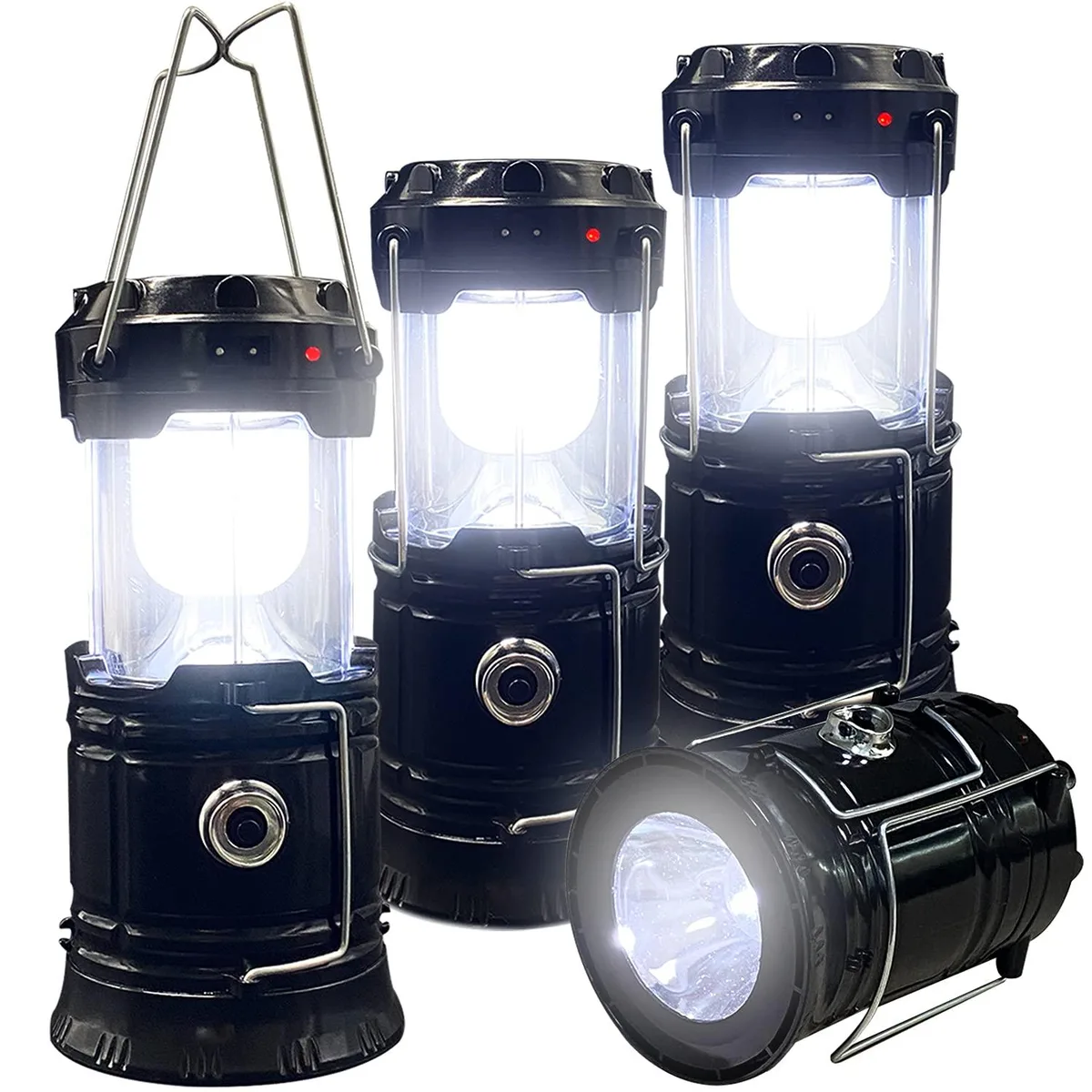 Four black collapsible LED lanterns with folding handles, shown expanded and collapsed side by side