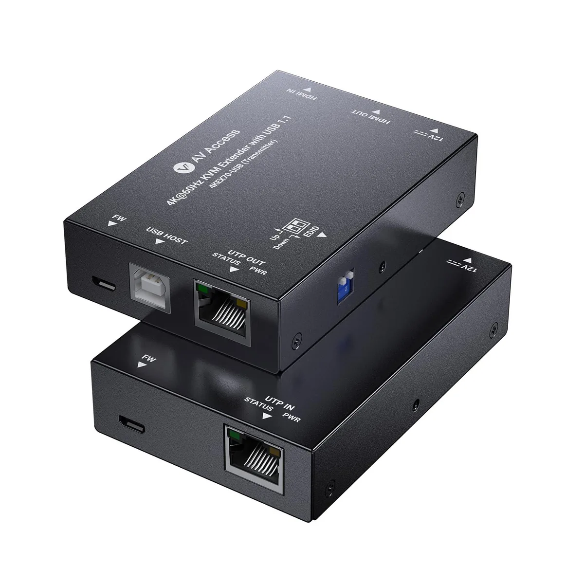 A rectangular black transmitter and receiver kit with HDMI and USB ports, mounting brackets and cables