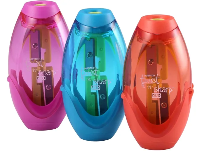 Bostitch Office Twist-n-Sharp Duo pencil sharpener with two holes and shavings tray