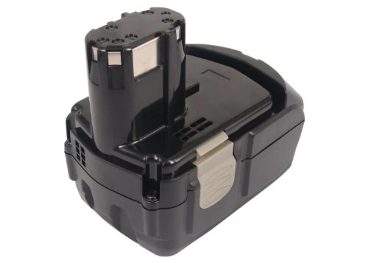 Rectangular black battery pack with label and contacts