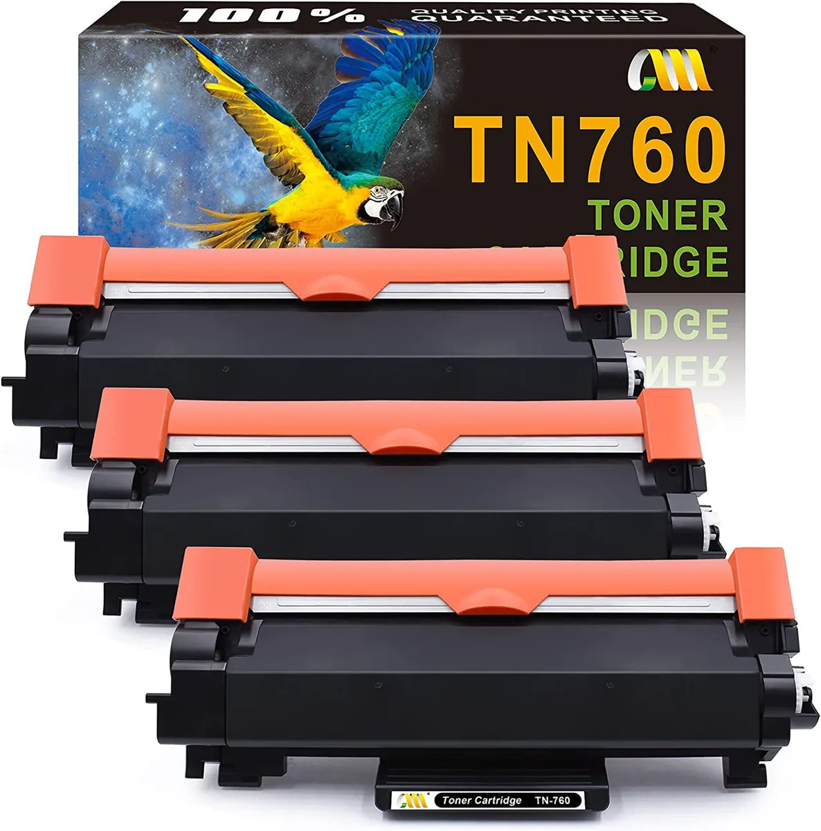 Three black toner cartridges in sealed packaging