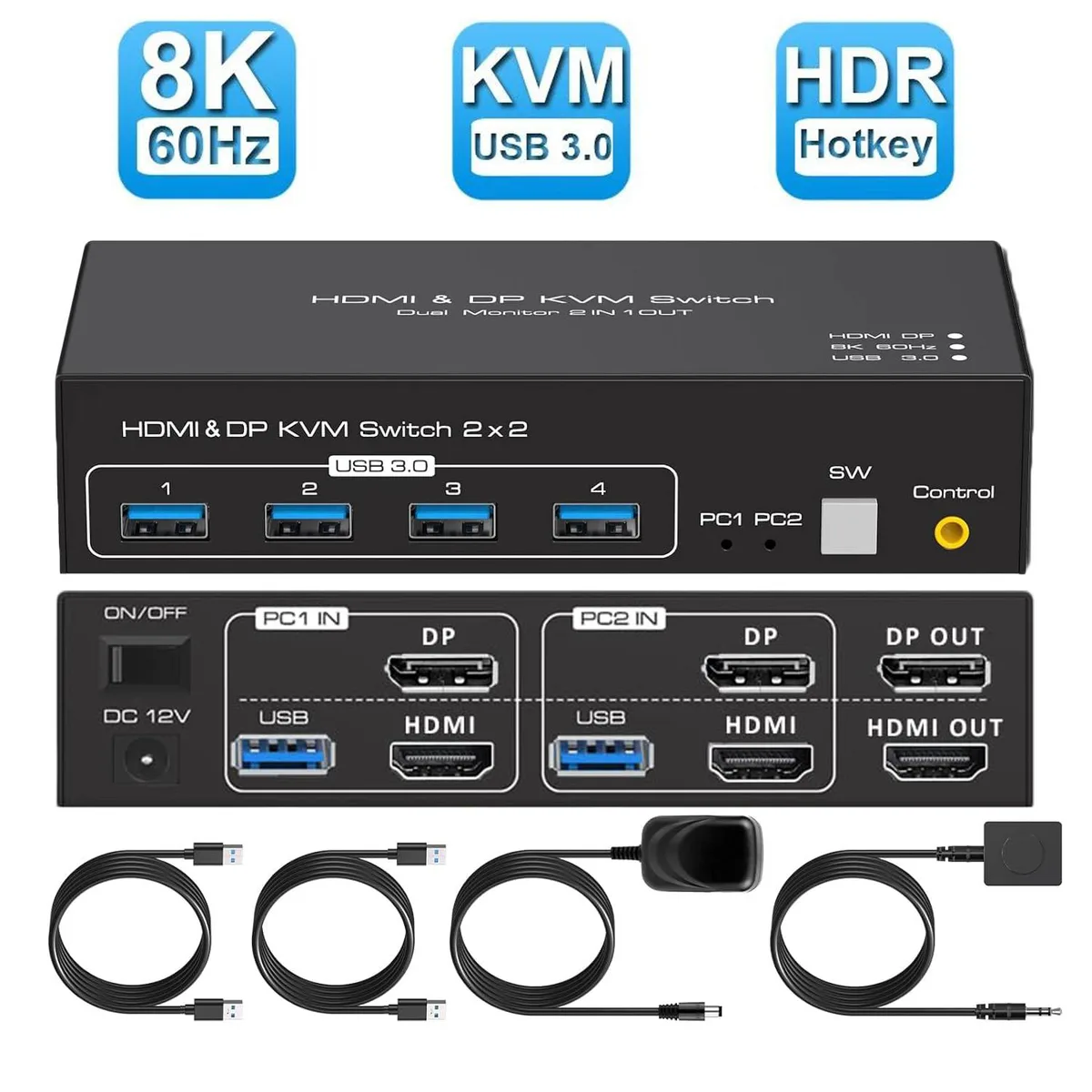 ESTONE ESTONE SW222-1DP1HD 8K60Hz Dual Monitor HDMI DP KVM Switch — product photo