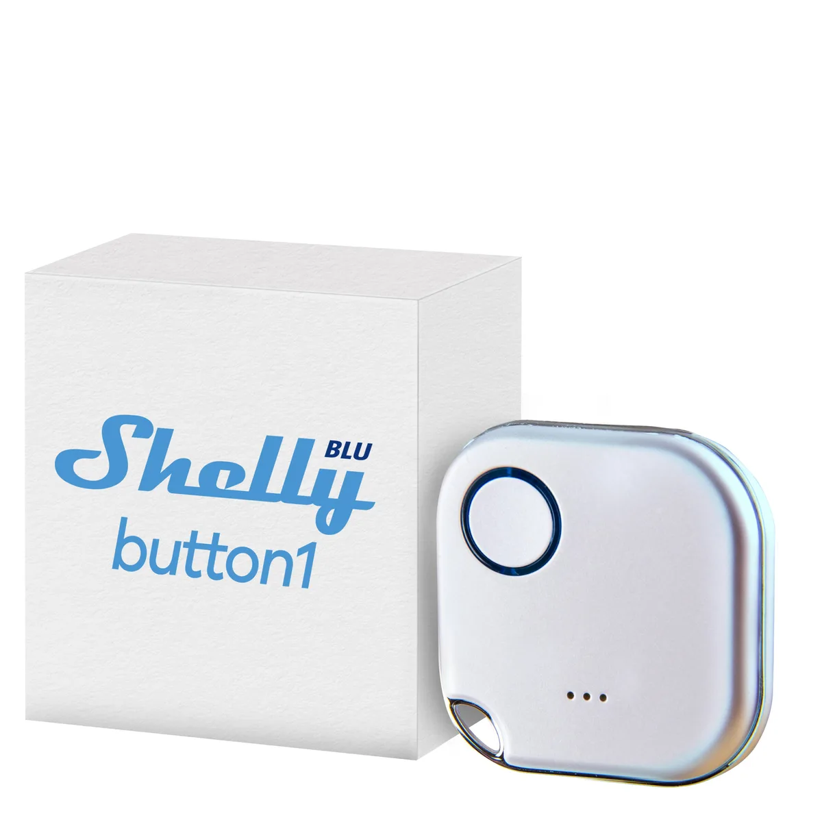 Small white square Bluetooth remote with single button and LED indicator