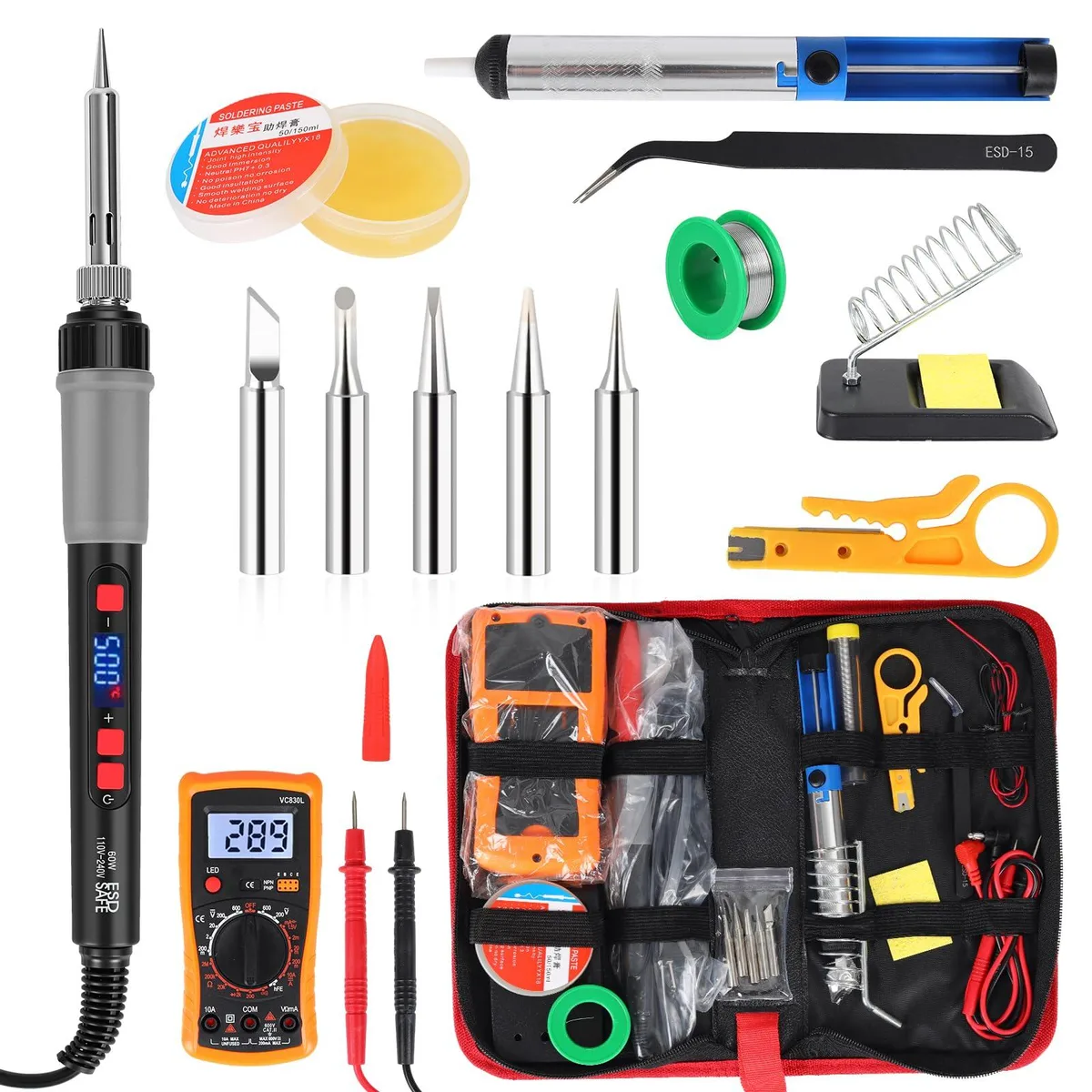 Soldering iron kit with LCD display and five tips