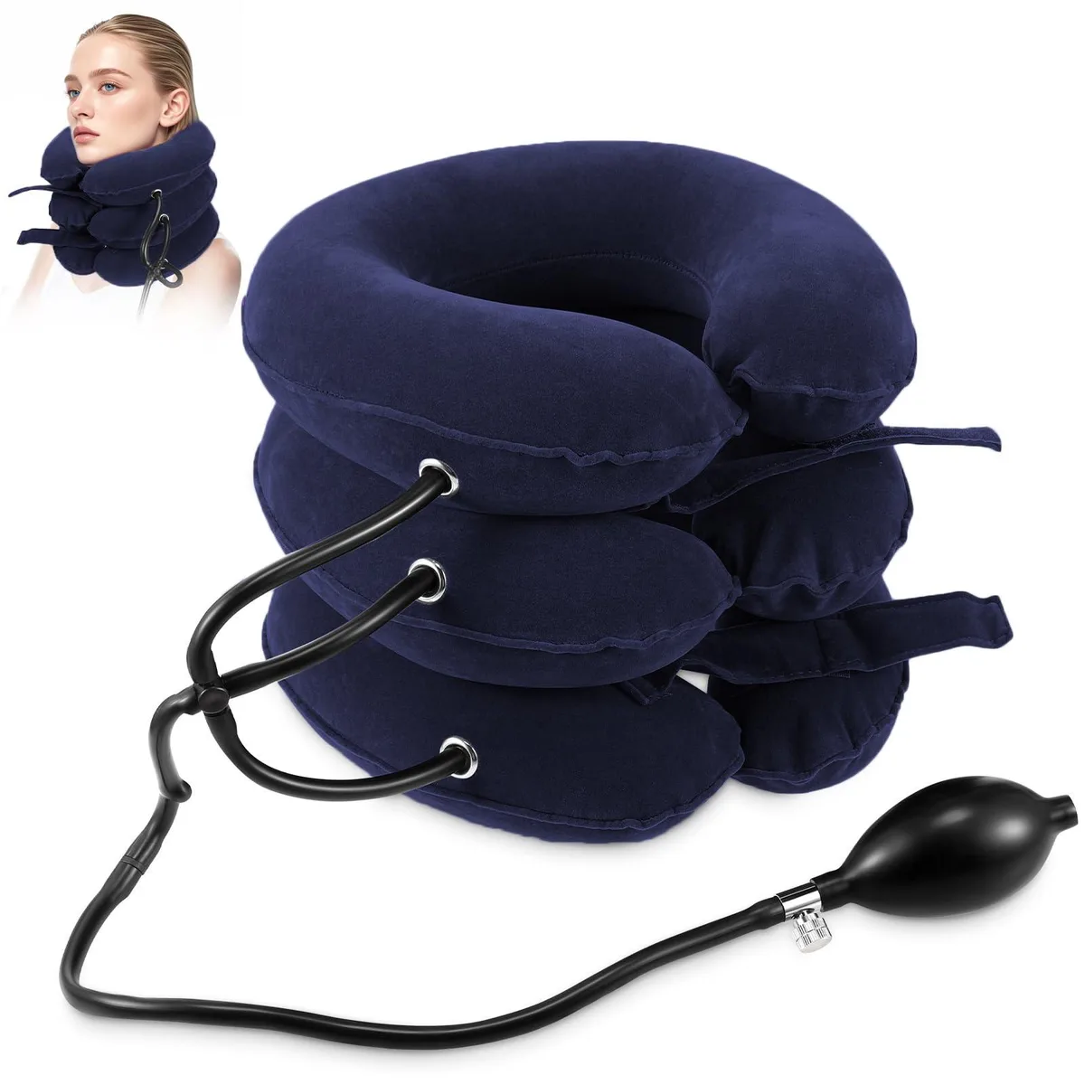 Blue inflatable neck traction brace with hand pump, folded flat