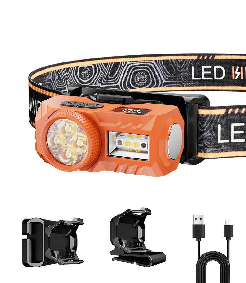 Yellow rectangular headlamp with adjustable elastic headband and tilted LED module