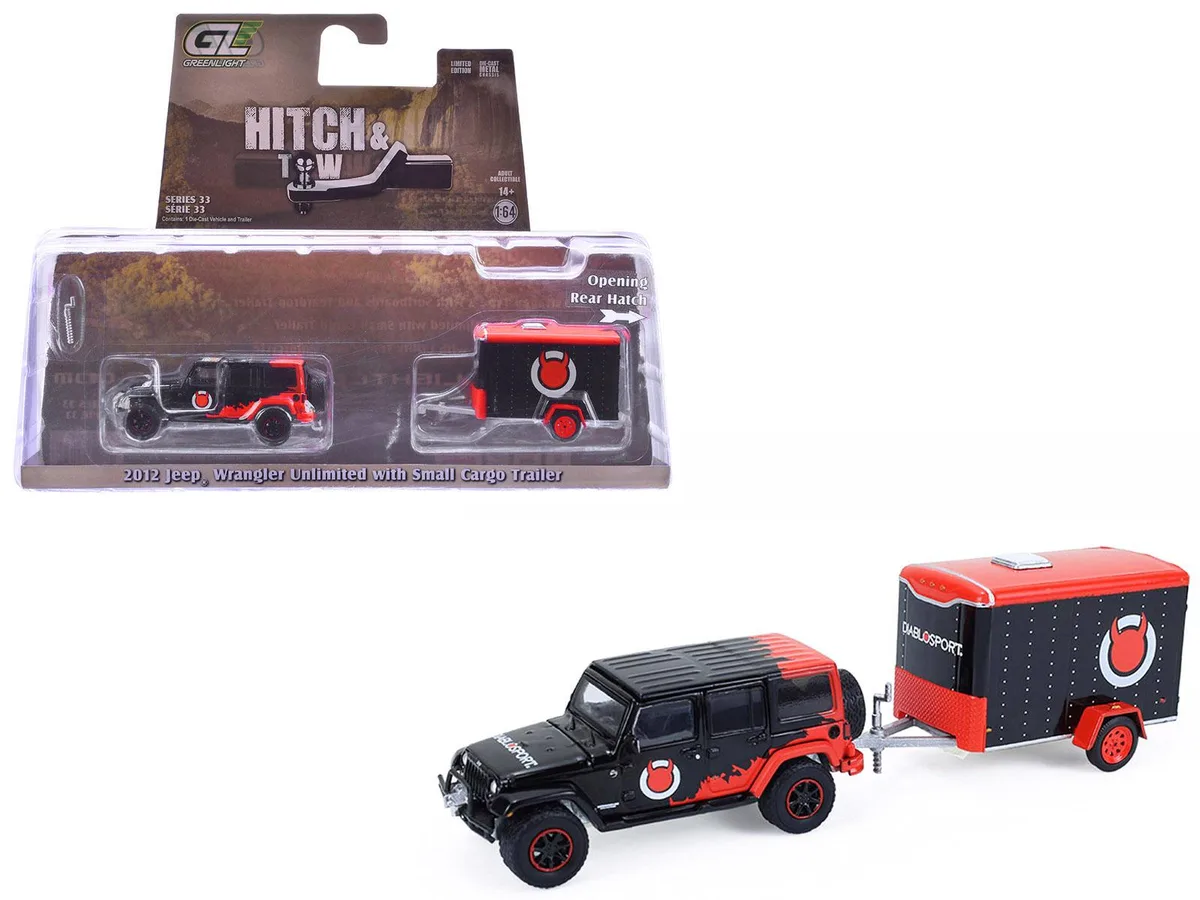 GREENLIGHT GREENLIGHT 2012 Jeep Wrangler Unlimited "Diablo Sport" 1/64 Diecast with Trailer Series 33 — product photo
