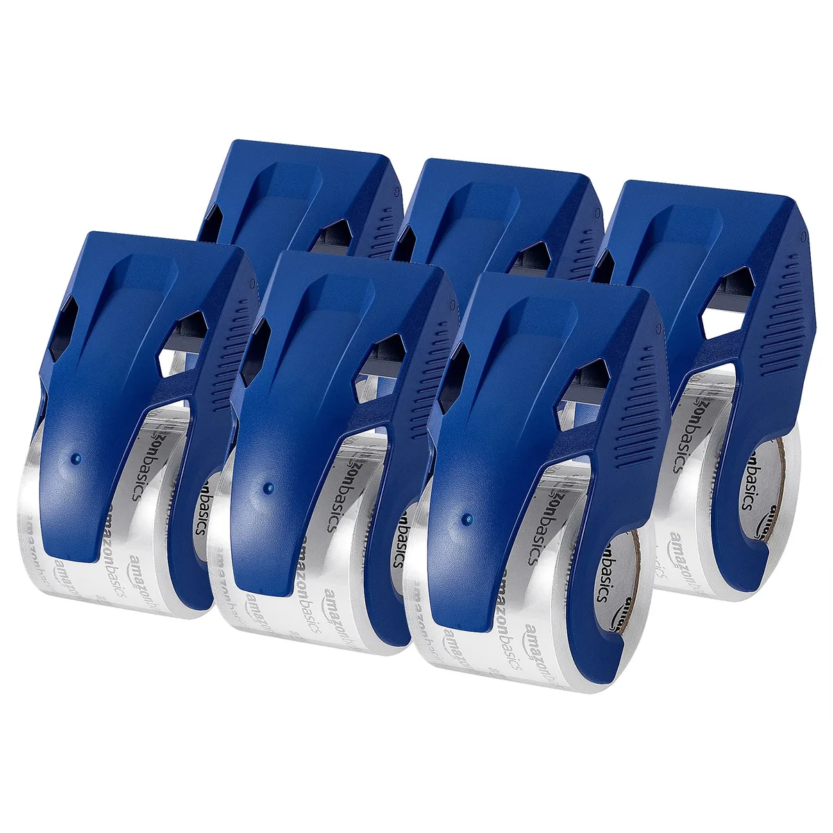 Six clear tape rolls with handheld dispensers in rectangular pack
