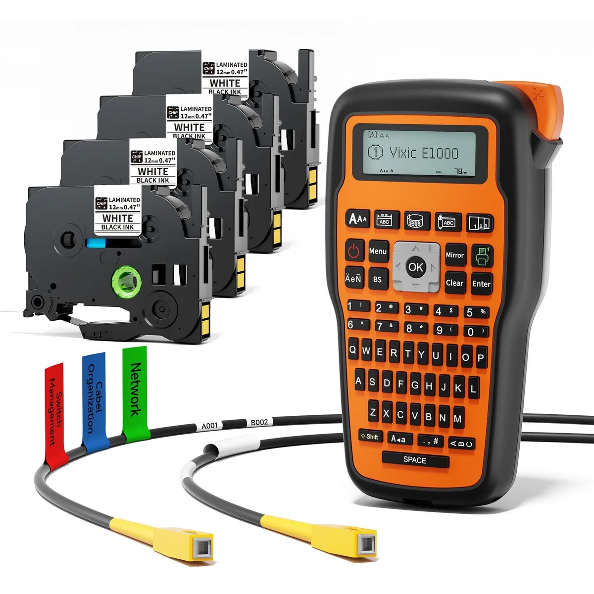  Vixic E1000 PRON cable label printer with 4 laminated tapes — product photo