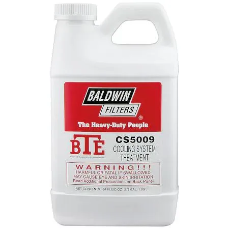 Red plastic jug with handle labeled Baldwin Filters CS5009 BTE Coolant System Treatment 64oz