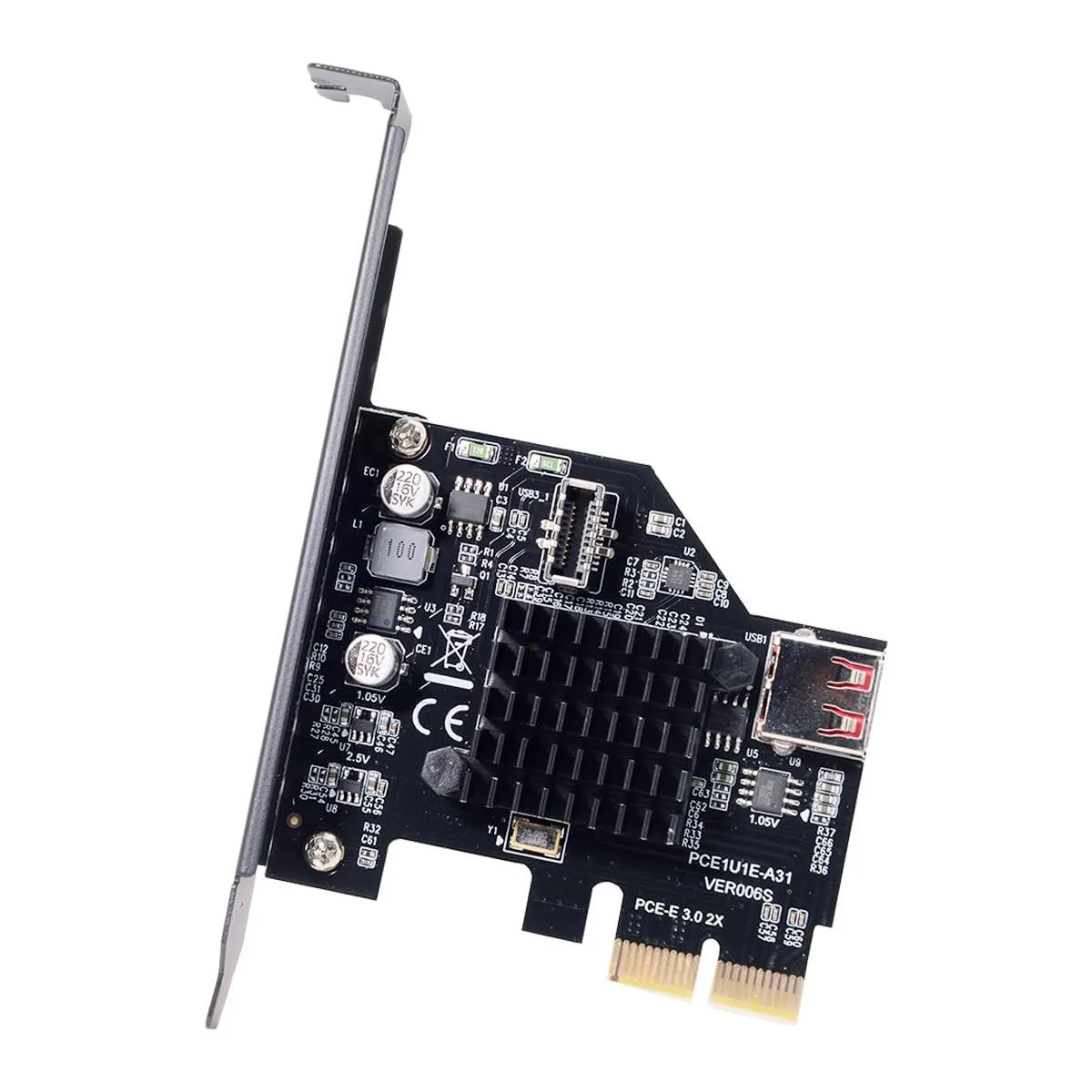 Small green circuit board with silver USB 3.1 front panel header and black USB 2.0 socket on metal bracket