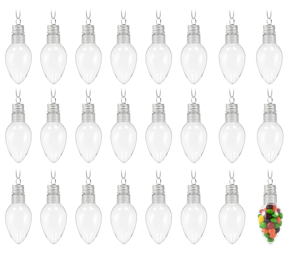 Clear shatterproof plastic light-bulb ornaments with metal caps and rings, pack of 24