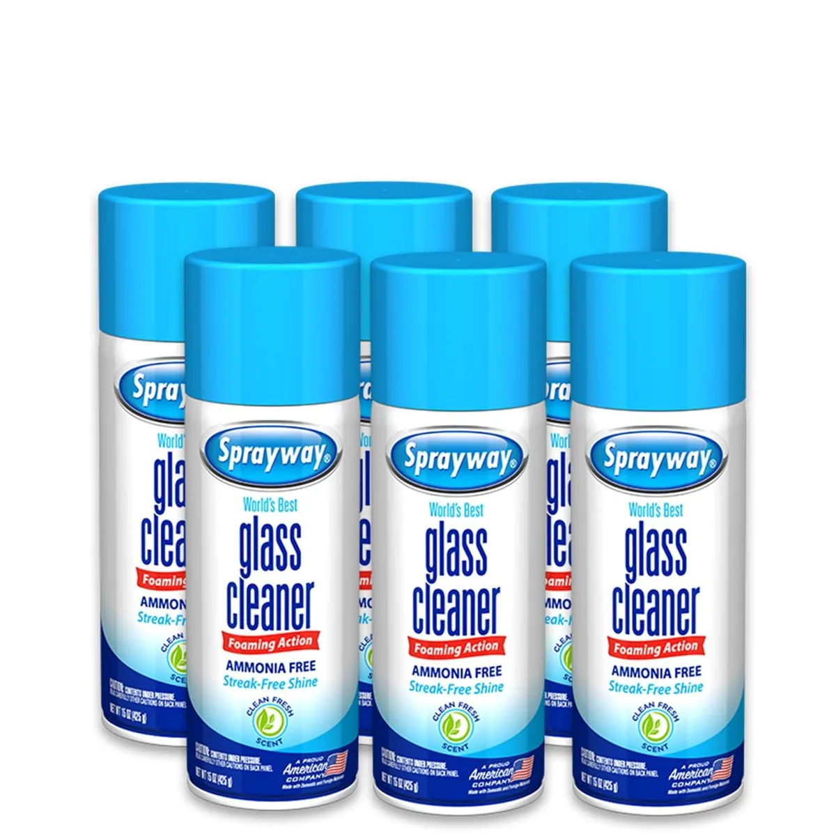 Six 15oz aerosol cans of foaming glass cleaner