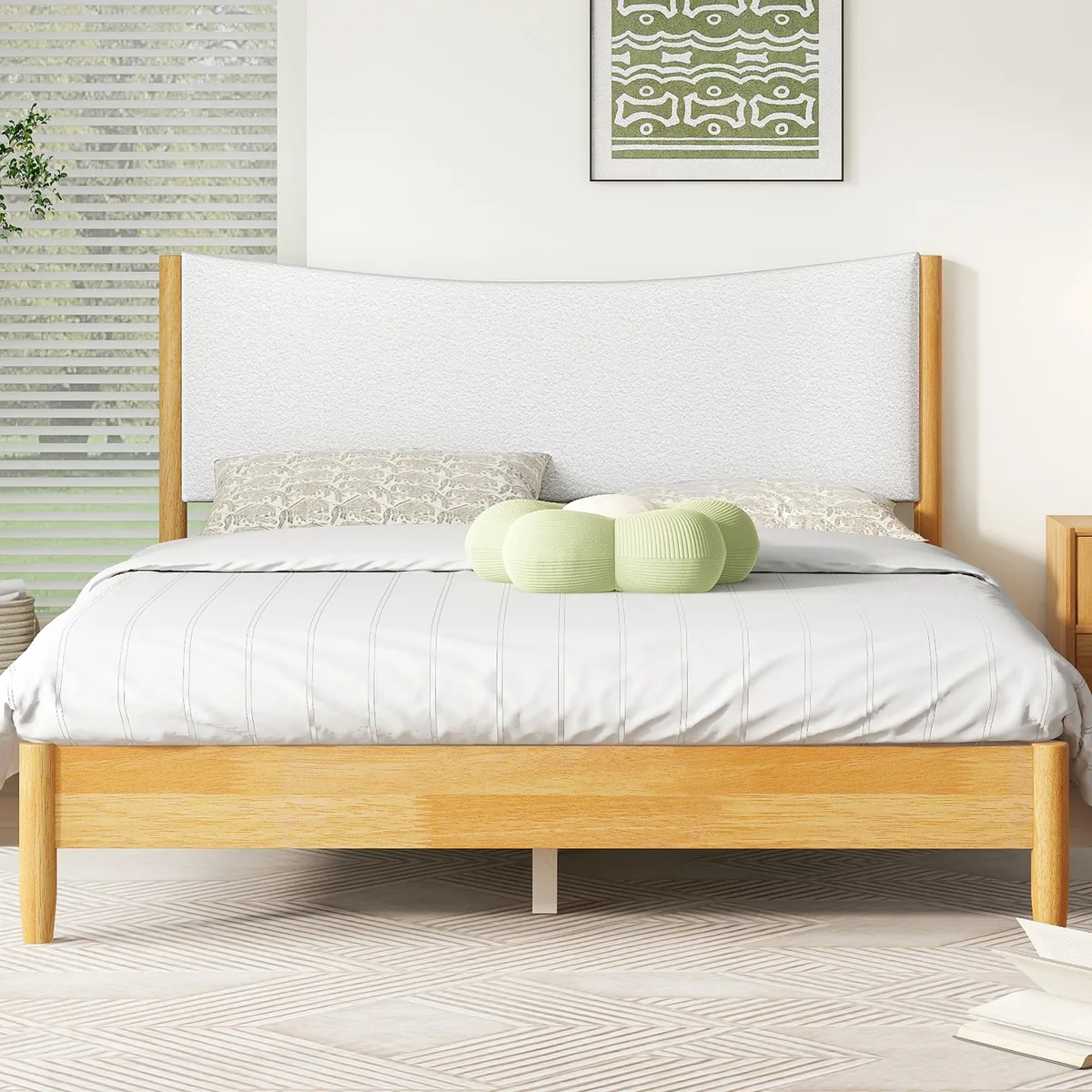 Queen size bed in beech white rubber wood with boucle upholstered headboard and support feet