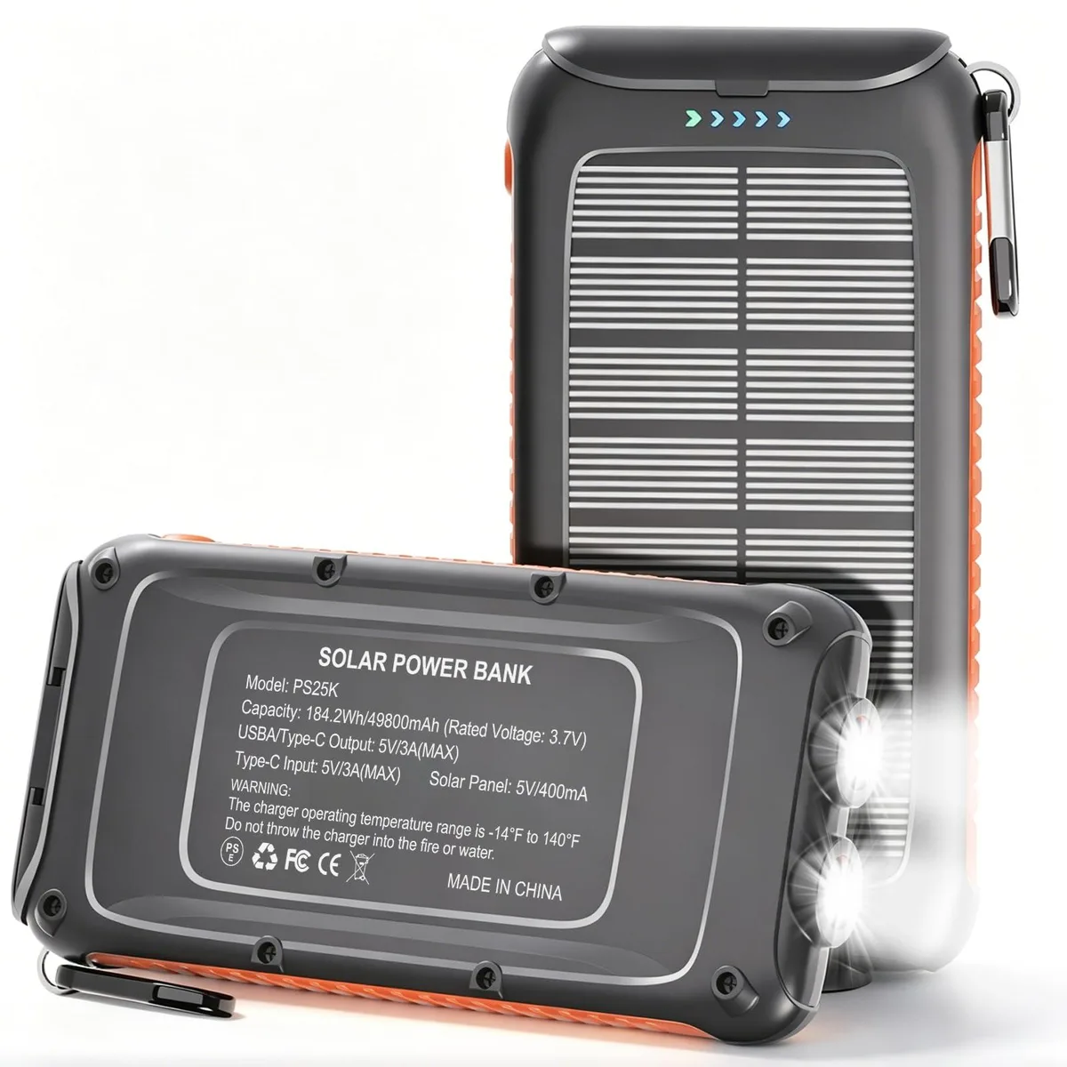 Orange rectangular power bank with solar panel, USB-C and two USB-A ports, dual flashlight
