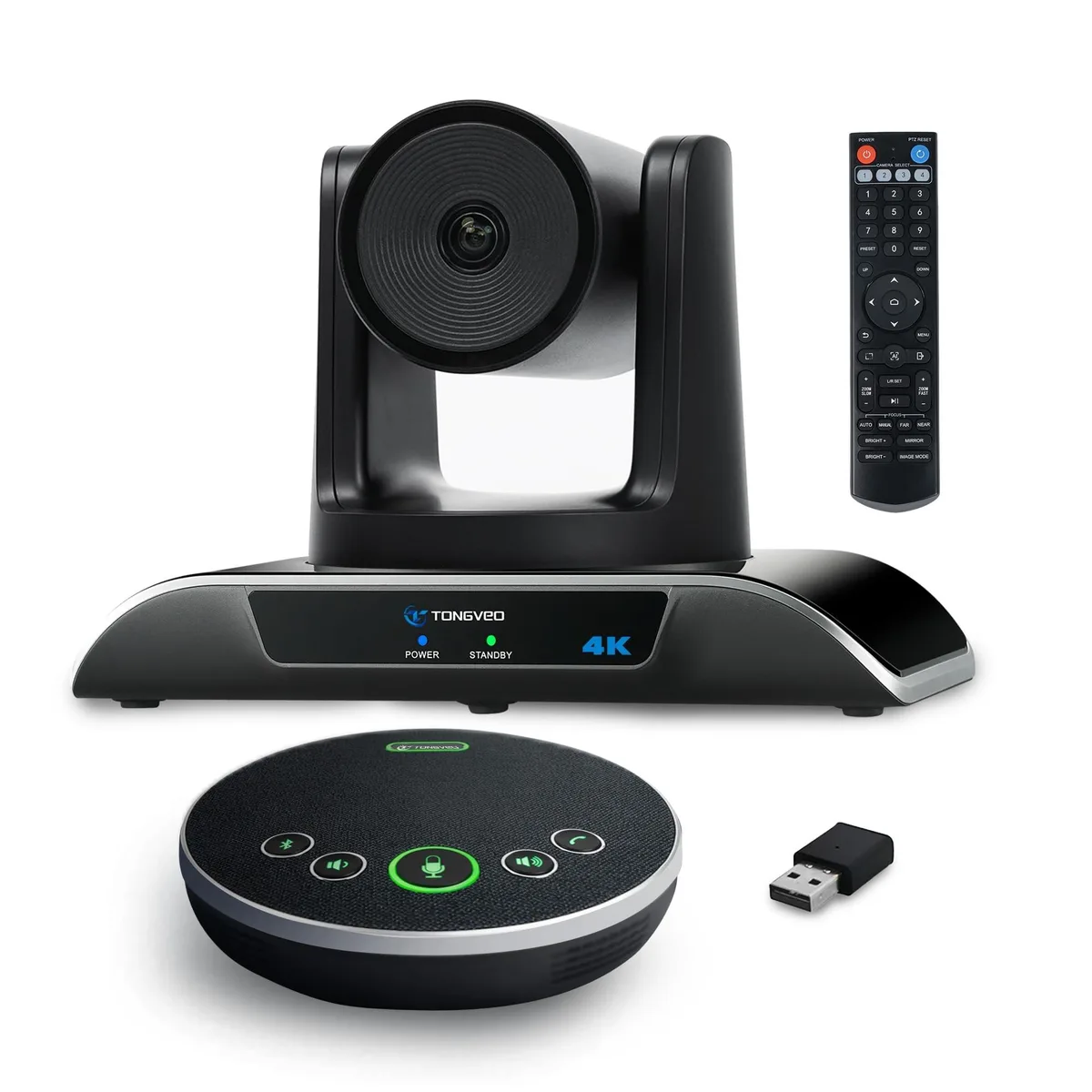 Rectangular PTZ camera and speakerphone unit, matte black finish, wide lens front, grille sides