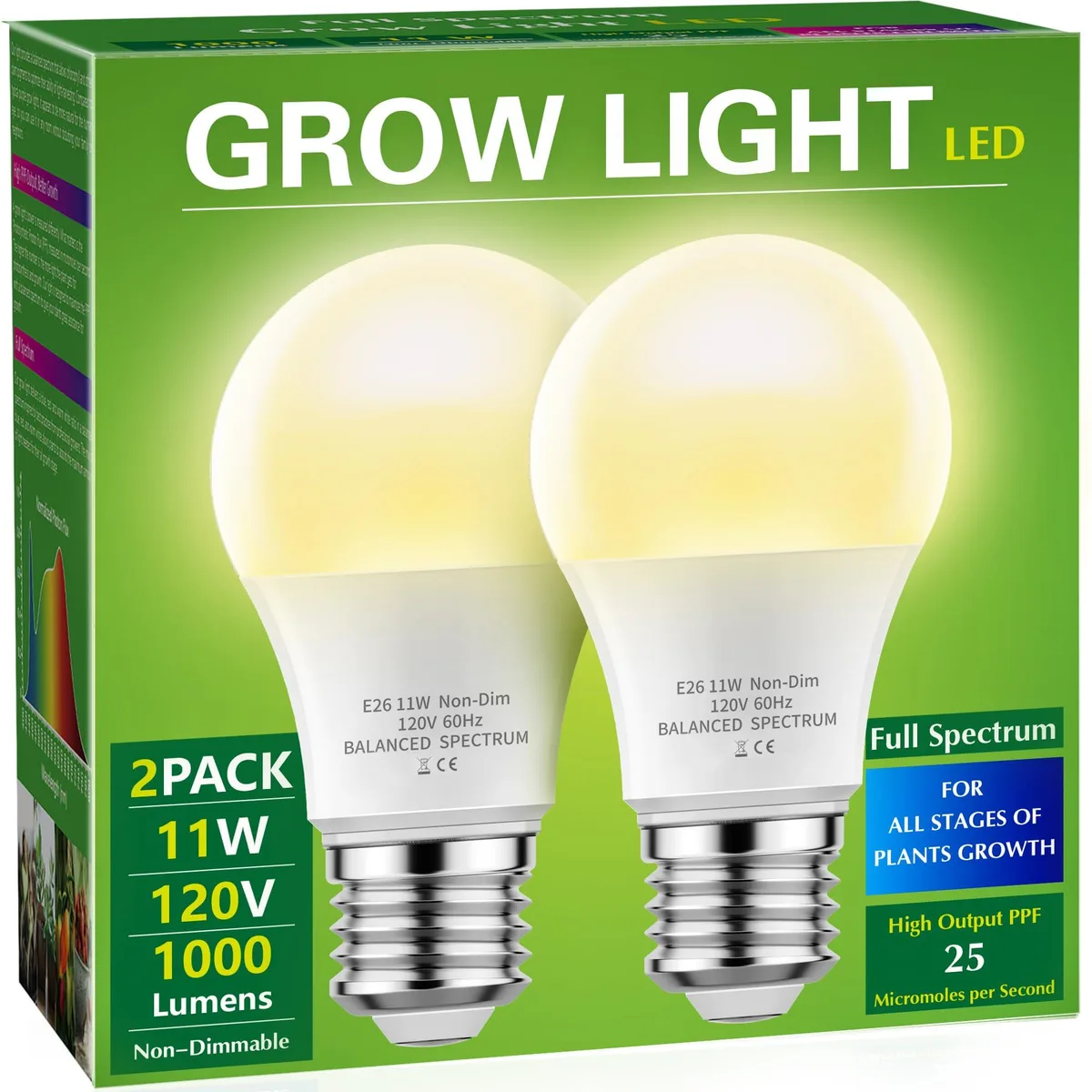 Two A19 LED grow bulbs, white plastic and aluminium finish, E26 base